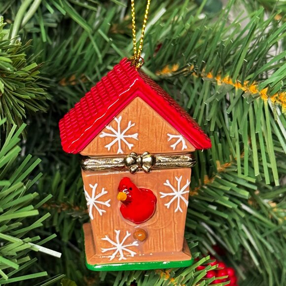 Bird House Chalet Porcelain Hinged Surprise Gift Trinket Box Christmas Ornament - Picture 1 of 5